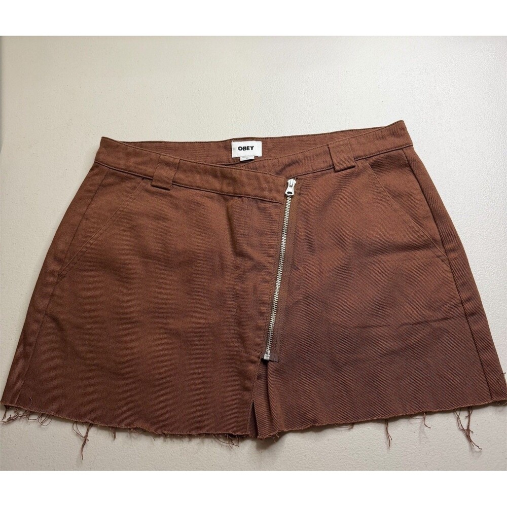 OBEY Asymmetrical Zip Front Mini Skirt Raw Hem Size 30 Brown